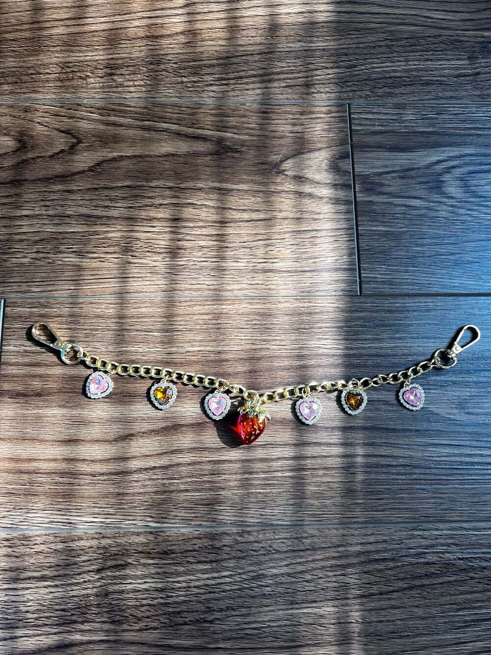 Gold Chain Bag Charm with Pink/Brown Rhinestone Hearts and Strawberry Pendant